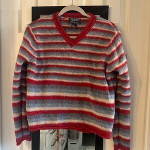 American Eagle Outfitters Red and Gray Striped V-Neck cropped Sweater